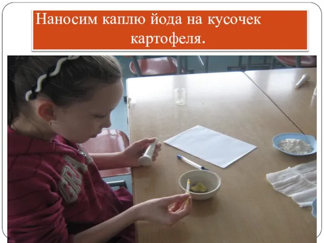 Наносим каплю йода на кусочек картофеля.