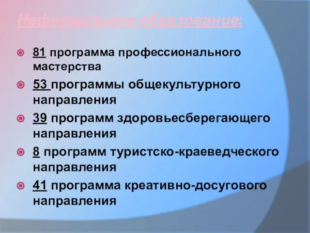 Неформальное образование: 81 программа профессионального мастерства 53 программы общекультурного направления 39 программ