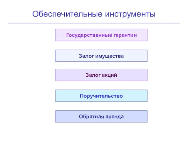 Обеспечительные инструменты Государственные гарантии Залог имущества Залог акций Поручительство Обратная аренда