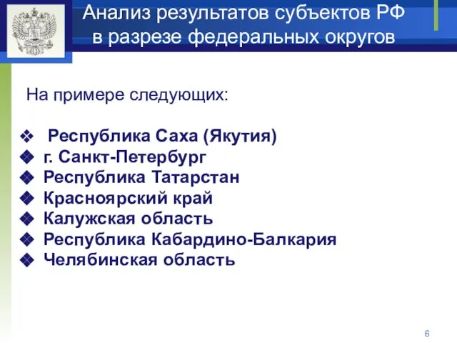 Анализ результатов субъектов РФ в разрезе федеральных округов На примере следующих: Республика