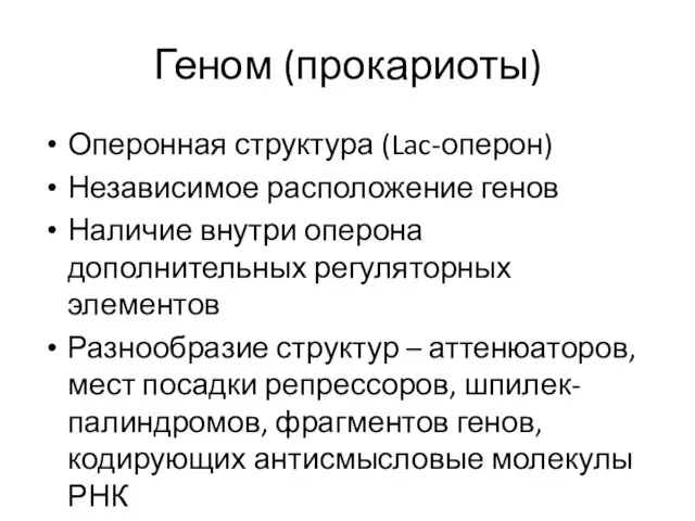 Геном (прокариоты) Оперонная структура (Lac-оперон) Независимое расположение генов Наличие внутри оперона дополнительных