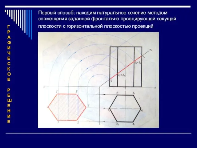 Первый способ: находим натуральное сечение методом совмещения заданной фронтально проецирующей секущей плоскости