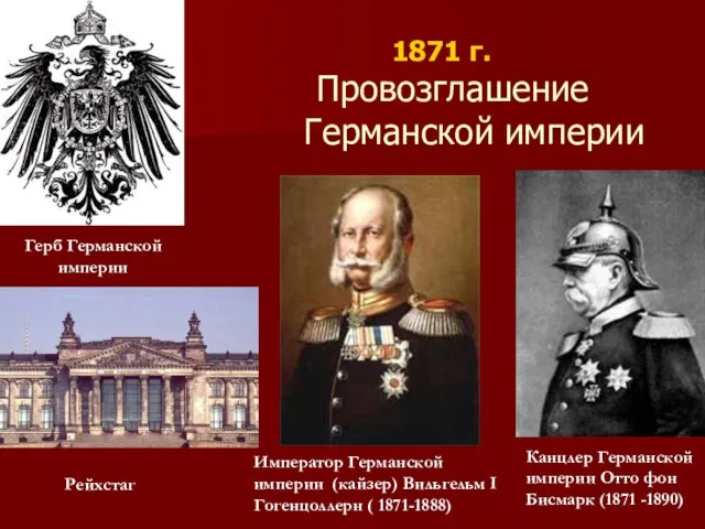 Провозглашение Германской империи I Император Германской империи (кайзер) Вильгельм I Гогенцоллерн (