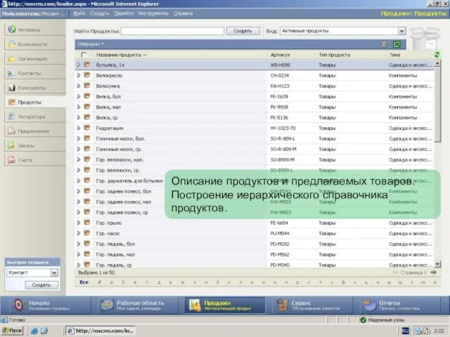 Описание продуктов и предлагаемых товаров. Построение иерархического справочника продуктов.