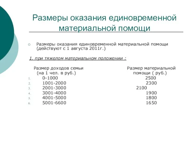 Размеры оказания единовременной материальной помощи Размеры оказания единовременной материальной помощи (действуют с