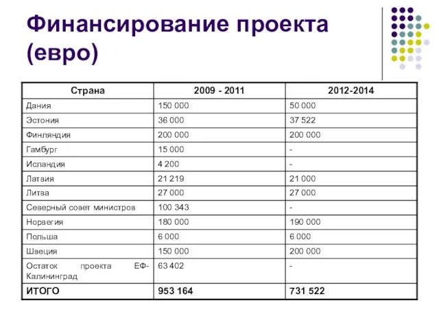 Финансирование проекта (евро)