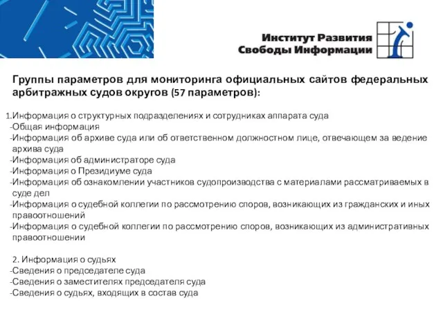 Группы параметров для мониторинга официальных сайтов федеральных арбитражных судов округов (57 параметров):