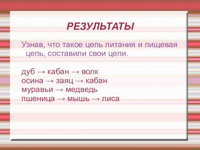 РЕЗУЛЬТАТЫ Узнав, что такое цепь питания и пищевая цепь, составили свои цепи.