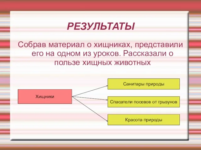 РЕЗУЛЬТАТЫ Собрав материал о хищниках, представили его на одном из уроков. Рассказали