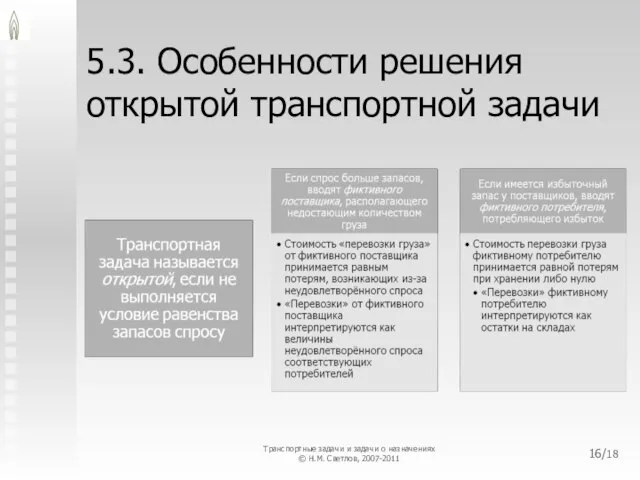 5.3. Особенности решения открытой транспортной задачи /18 Транспортные задачи и задачи о