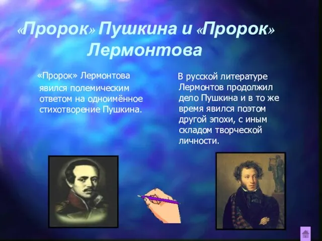 «Пророк» Пушкина и «Пророк» Лермонтова «Пророк» Лермонтова явился полемическим ответом на одноимённое