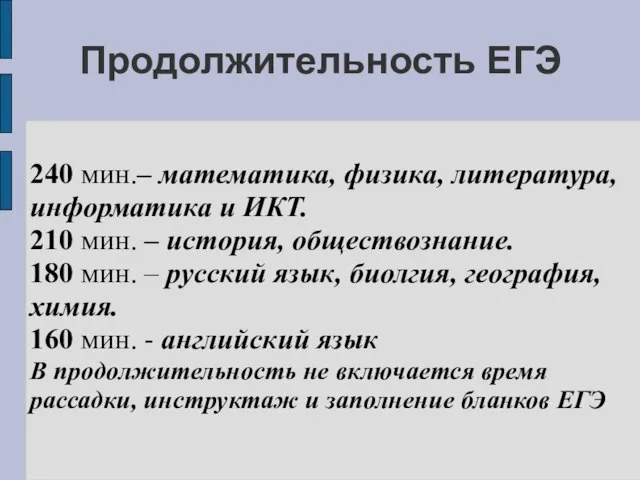 Продолжительность ЕГЭ 240 мин.– математика, физика, литература, информатика и ИКТ. 210 мин.