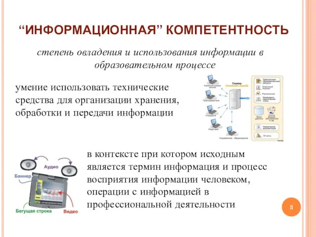 “ИНФОРМАЦИОННАЯ” КОМПЕТЕНТНОСТЬ степень овладения и использования информации в образовательном процессе умение использовать