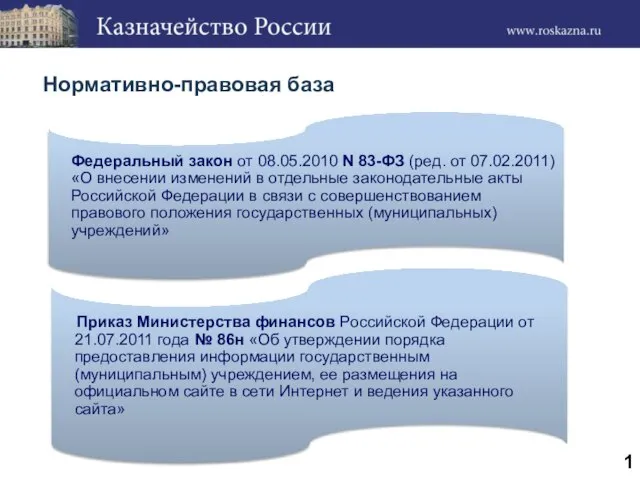 Нормативно-правовая база Федеральный закон от 08.05.2010 N 83-ФЗ (ред. от 07.02.2011) «О