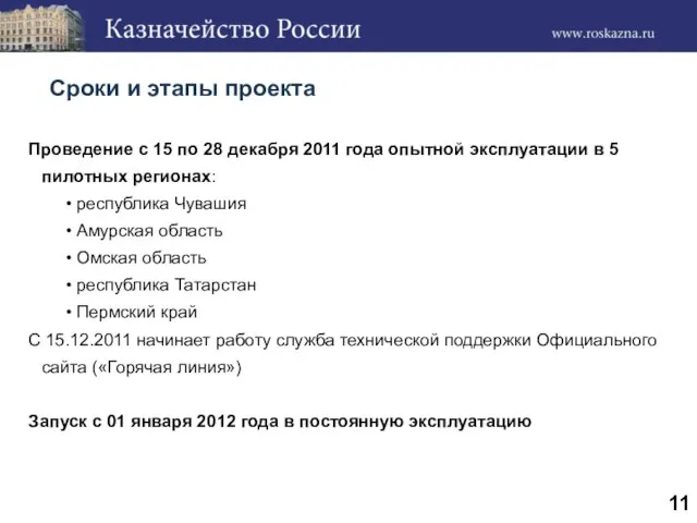 Сроки и этапы проекта Проведение с 15 по 28 декабря 2011 года