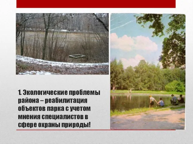 1. Экологические проблемы района – реабилитация объектов парка с учетом мнения специалистов в сфере охраны природы!