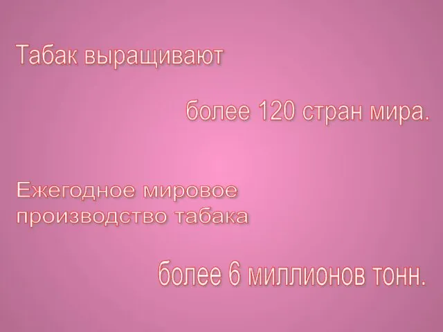 Табак выращивают более 120 стран мира. Ежегодное мировое производство табака более 6 миллионов тонн.