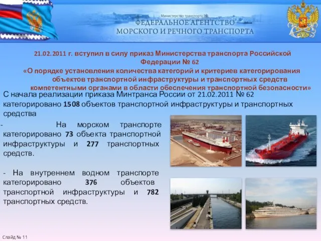 Слайд № 11 21.02.2011 г. вступил в силу приказ Министерства транспорта Российской