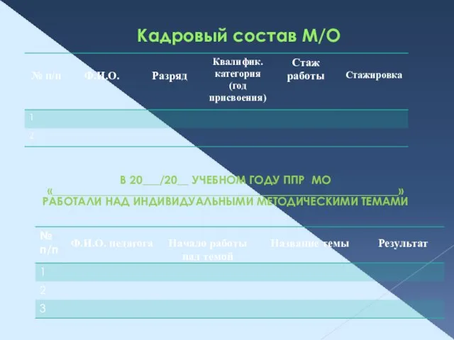 Кадровый состав М/О В 20___/20__ УЧЕБНОМ ГОДУ ППР МО «_____________________________________________________________» РАБОТАЛИ НАД ИНДИВИДУАЛЬНЫМИ МЕТОДИЧЕСКИМИ ТЕМАМИ