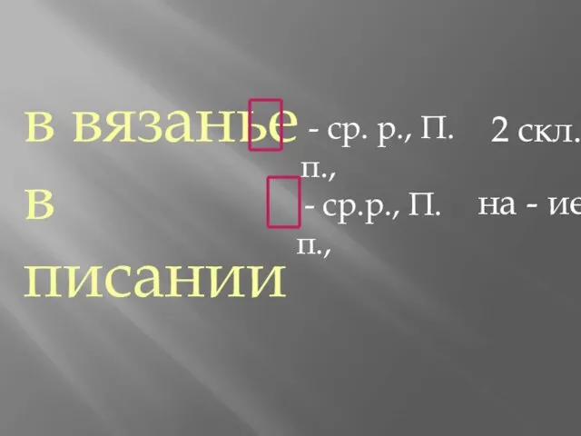 в вязанье в писании - ср. р., П.п., - ср.р., П.п., 2 скл. на - ие