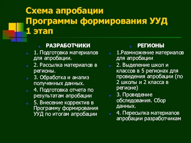 Схема апробации Программы формирования УУД 1 этап РАЗРАБОТЧИКИ 1. Подготовка материалов для