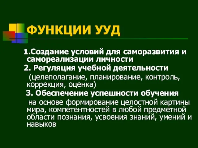 ФУНКЦИИ УУД 1.Создание условий для саморазвития и самореализации личности 2. Регуляция учебной