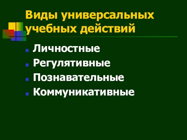 Виды универсальных учебных действий Личностные Регулятивные Познавательные Коммуникативные