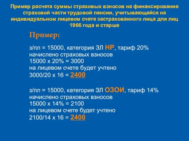 Пример расчета суммы страховых взносов на финансирование страховой части трудовой пенсии, учитывающейся