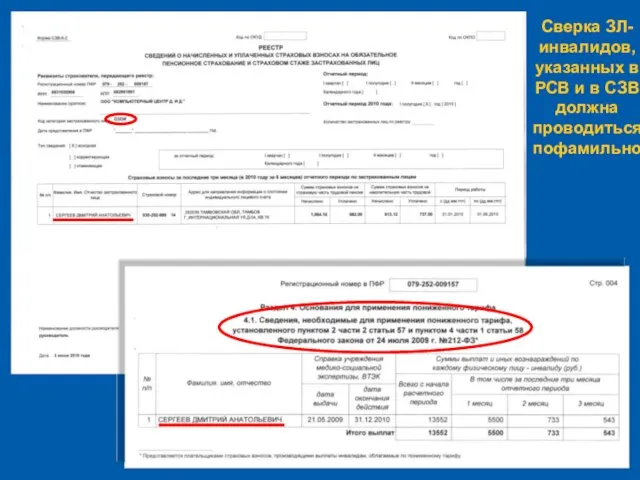 Сверка ЗЛ- инвалидов, указанных в РСВ и в СЗВ должна проводиться пофамильно