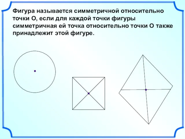 Фигура называется симметричной относительно точки О, если для каждой точки фигуры симметричная