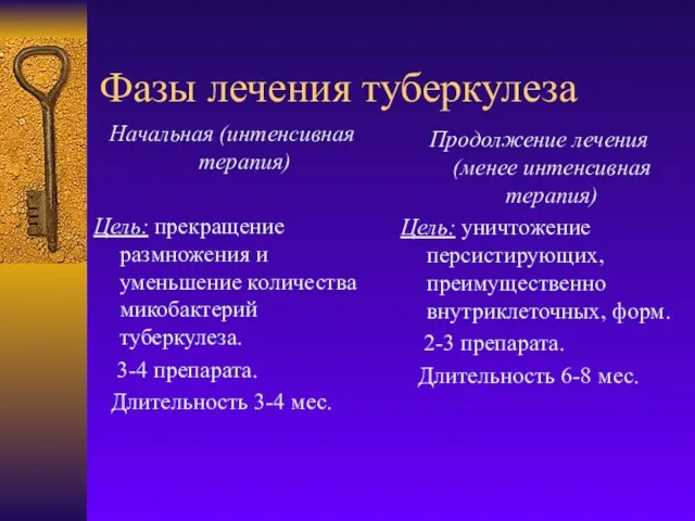 Фазы лечения туберкулеза Начальная (интенсивная терапия) Цель: прекращение размножения и уменьшение количества