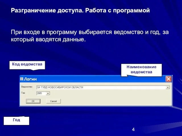 Разграничение доступа. Работа с программой При входе в программу выбирается ведомство и