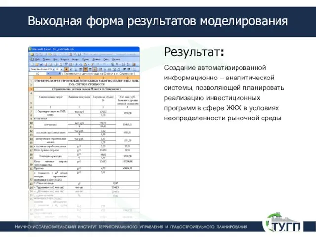 Выходная форма результатов моделирования Создание автоматизированной информационно – аналитической системы, позволяющей планировать