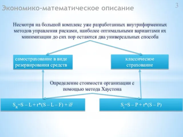 Экономико-математическое описание Несмотря на большой комплекс уже разработанных внутрифирменных методов управления рисками,