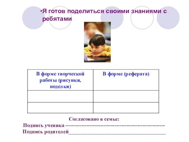 Я готов поделиться своими знаниями с ребятами Согласовано в семье: Подпись ученика --------------------------------------------------------- Подпись родителей_____________________________________