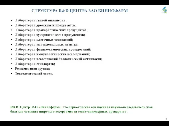 СТРУКТУРА R&D ЦЕНТРА ЗАО БИННОФАРМ Лаборатория генной инженерии; Лаборатория дрожжевых продуцентов; Лаборатория