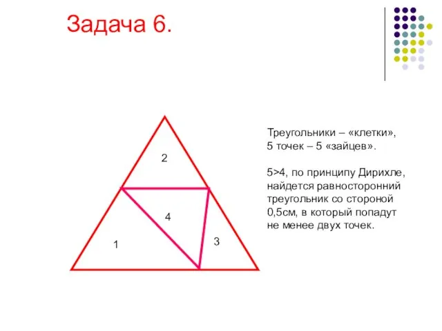 Задача 6. 2 1 4 3 Треугольники – «клетки», 5 точек –