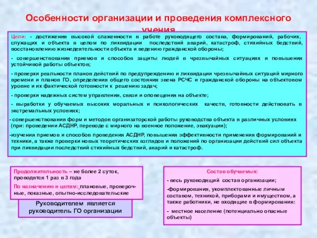 Руководителем является руководитель ГО организации Особенности организации и проведения комплексного учения Цели: