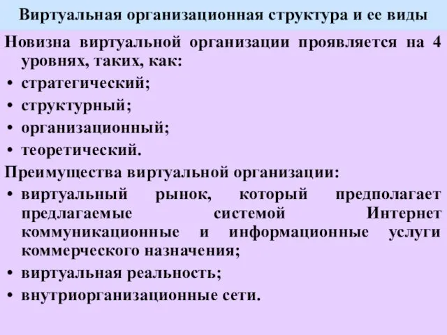 Виртуальная организационная структура и ее виды Новизна виртуальной организации проявляется на 4