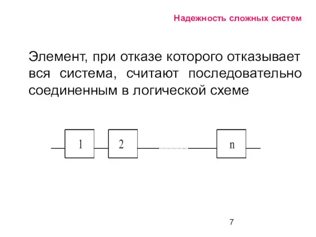 Надежность сложных систем Элемент, при отказе которого отказывает вся система, считают последовательно соединенным в логической схеме