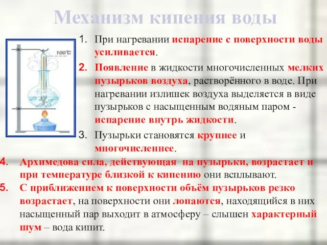 Механизм кипения воды При нагревании испарение с поверхности воды усиливается. Появление в