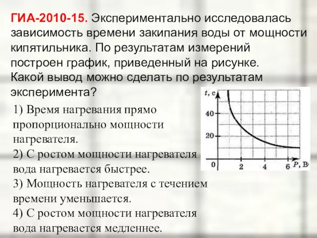 ГИА-2010-15. Экспериментально исследовалась зависимость времени закипания воды от мощности кипятильника. По результатам