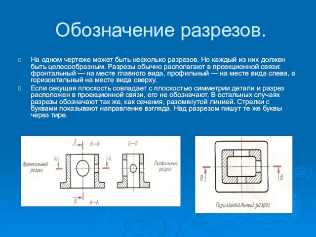 Обозначение разрезов. На одном чертеже может быть несколько разрезов. Но каждый из