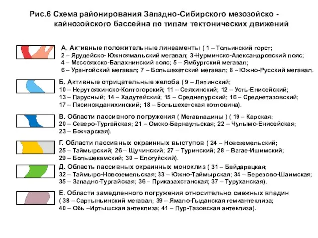 Рис.6 Схема районирования Западно-Сибирского мезозойско - кайнозойского бассейна по типам тектонических движений