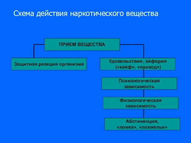 Схема действия наркотического вещества ПРИЕМ ВЕЩЕСТВА Удовольствие, эйфория («кайф», «приход») Защитная реакция организма