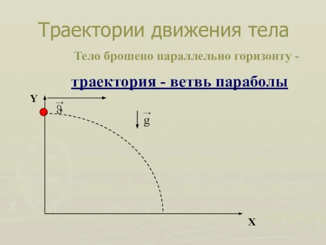 Траектории движения тела Х Y Тело брошено параллельно горизонту - траектория - ветвь параболы