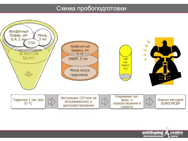 Схема пробоподготовки Моча после гидролиза ЭФИР, 5 мл Карбонатный буффер, рН 9-10 100 мкл МеОН/Н2О ITSD