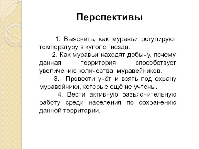 Перспективы 1. Выяснить, как муравьи регулируют температуру в куполе гнезда. 2. Как