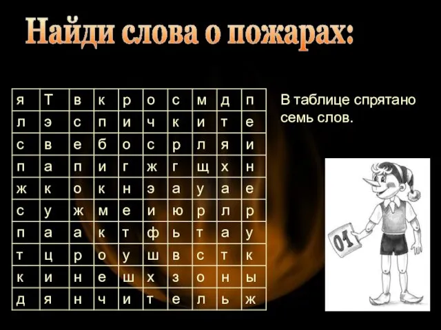 Найди слова о пожарах: В таблице спрятано семь слов.