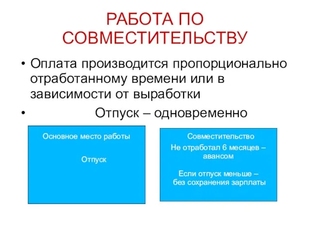 РАБОТА ПО СОВМЕСТИТЕЛЬСТВУ Оплата производится пропорционально отработанному времени или в зависимости от